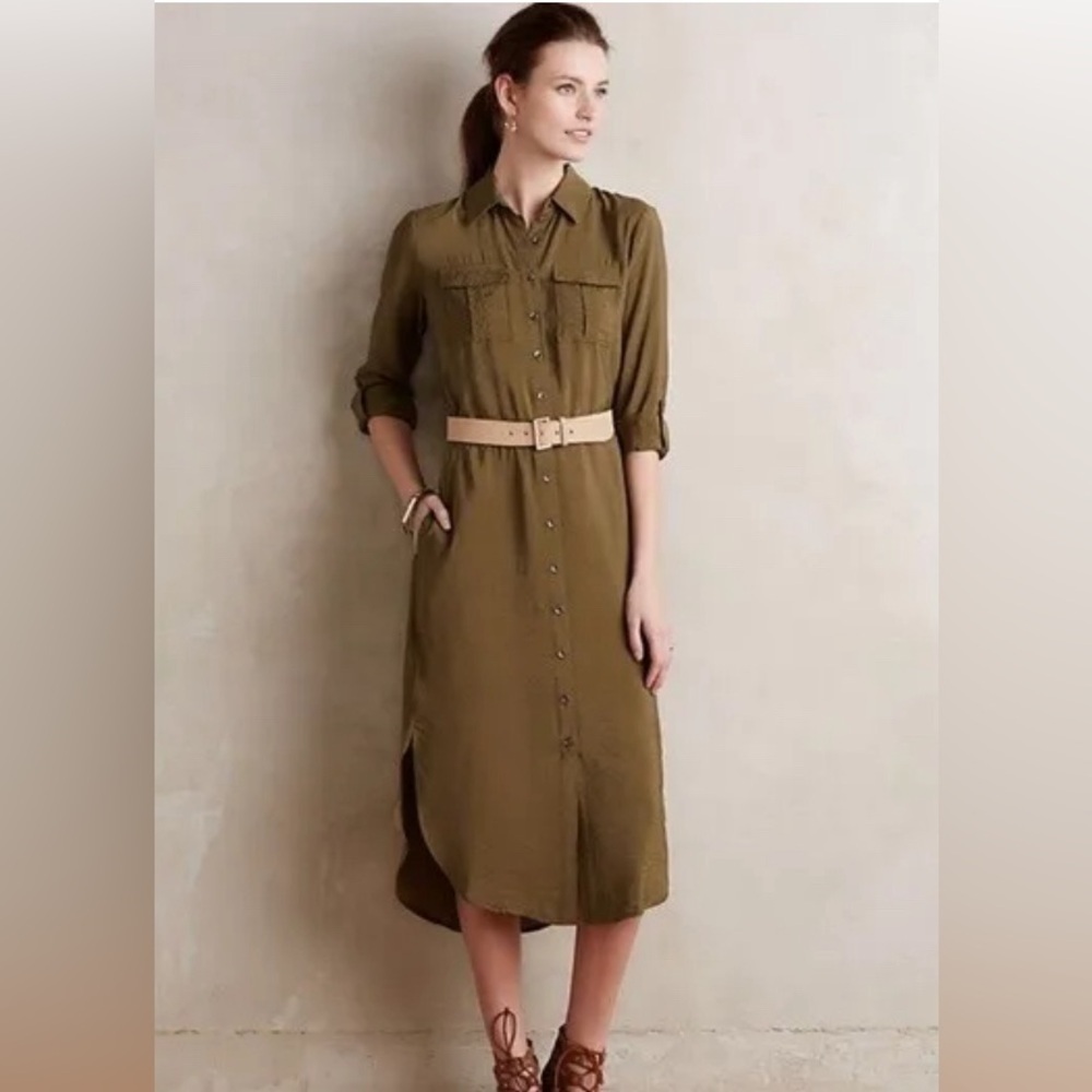 Maeve Anthropologie Olive Green Button Up Dress
